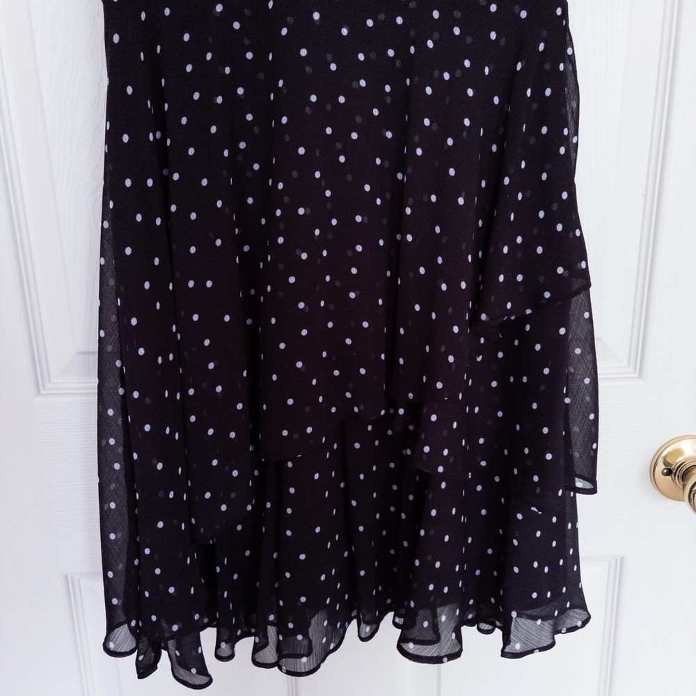 Tahari Dress Women 4 Black Polka Dot Chiffon Faux Wrap Ruffle Sleeveless V-Neck - Picture 4 of 9